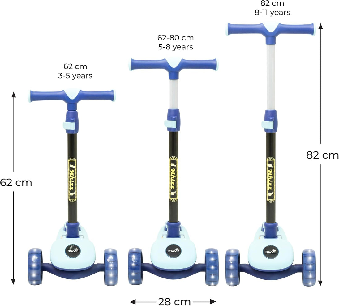 The MOON Brand Whizz Foldable 3-Wheel Kids Scooter– Adjustable Handlebar Lean-to-Steer LED Light-Up Wheels Toddler Scooter for Boys & Girls for Ages 3 Years+ -Dinosaur Design -Blue