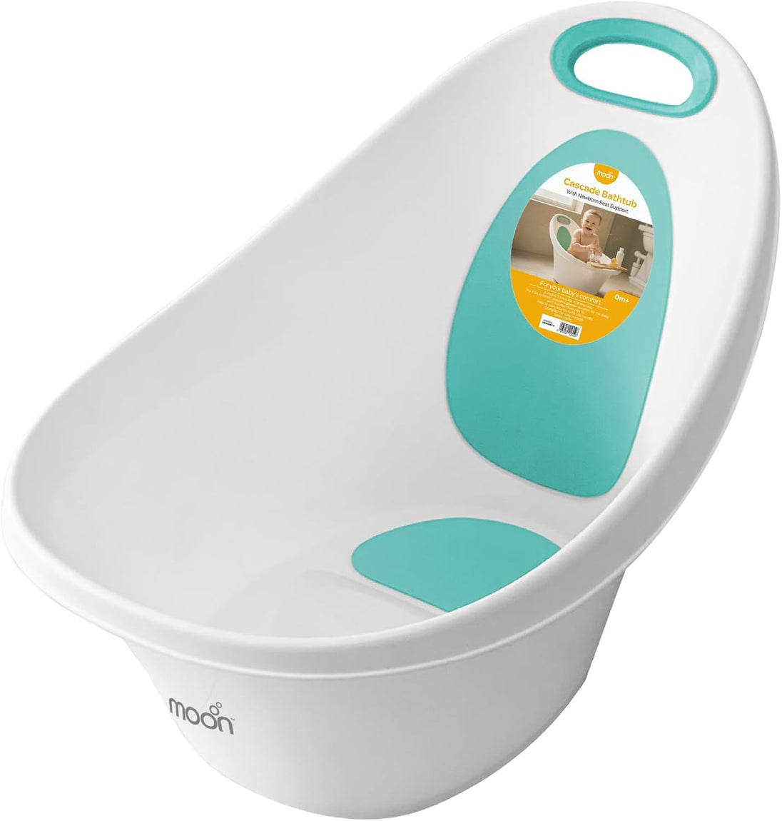 The MOON Brand Cascade Baby Bathtub for 0–3 Years – PP + TPR Infant Bathtub, Lightweight Durable Baby Shower Tub, Non-Slip Safe Design,Easy-Grip Handle - White & Green
