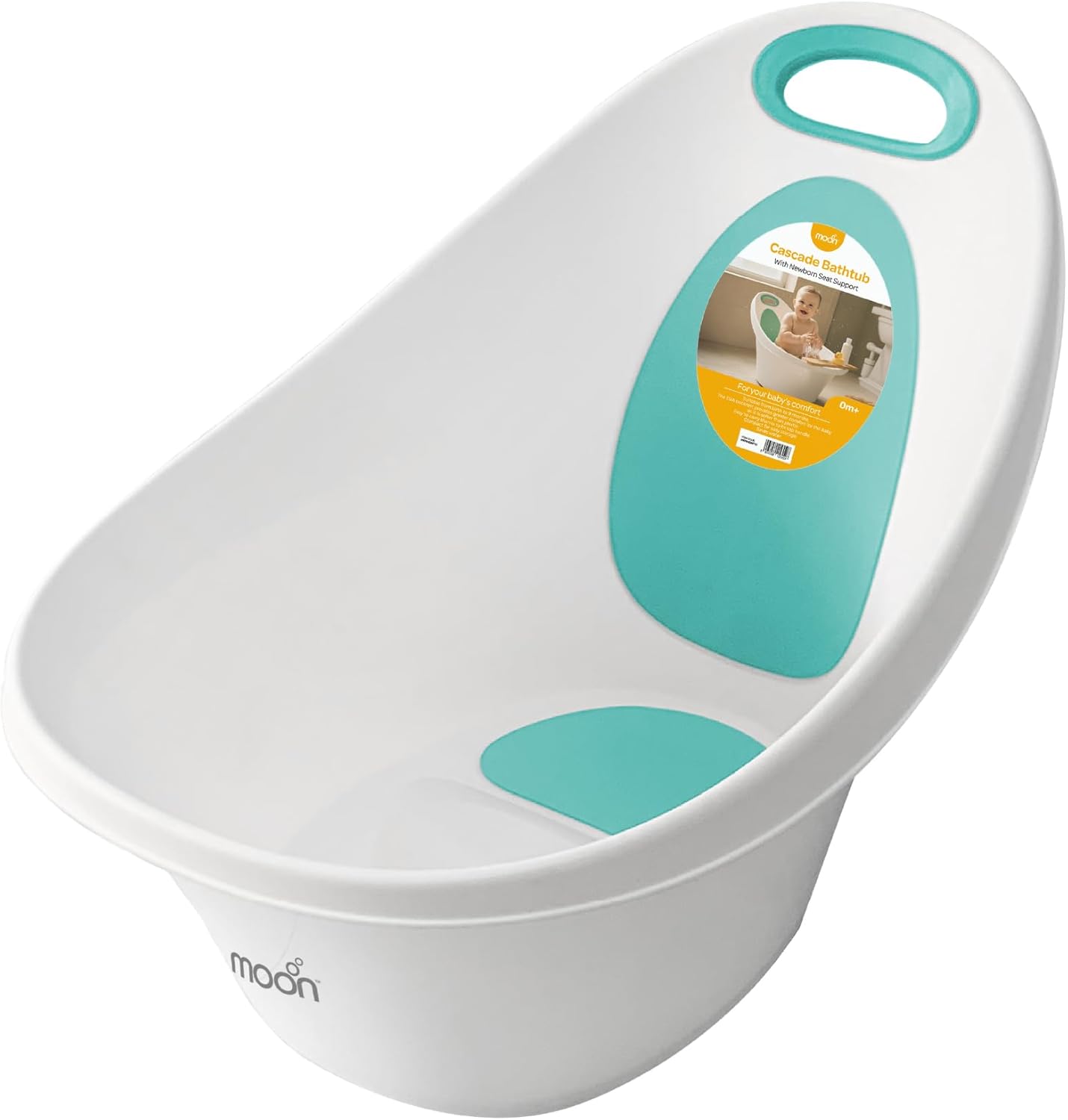 The MOON Brand Cascade Baby Bathtub for 0–3 Years – PP + TPR Infant Bathtub, Lightweight Durable Baby Shower Tub, Non-Slip Safe Design,Easy-Grip Handle - White & Green