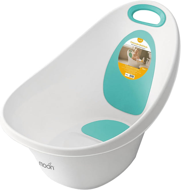 The MOON Brand Cascade Baby Bathtub for 0–3 Years – PP + TPR Infant Bathtub, Lightweight Durable Baby Shower Tub, Non-Slip Safe Design,Easy-Grip Handle - White & Green - The Moon Brand™