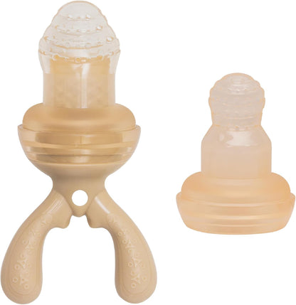 The Moon Brand Baby Fruit Feeder Teether | Silicone Pacifier for Infants & Toddlers | BPA-Free Snack Holder,Chewing Trainer, Kids Safe Gum Soother, Food Pulper with Soft Pouch- Beige