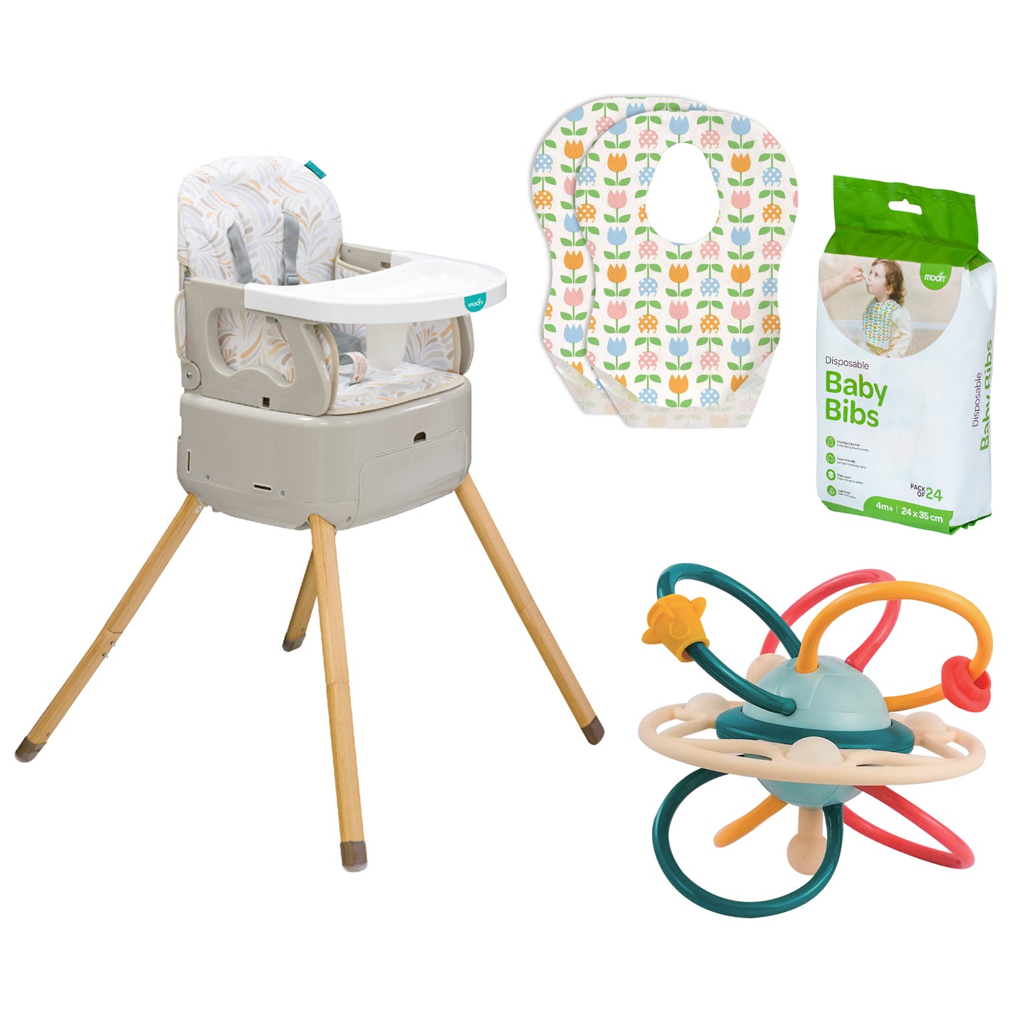 MOON HiteRite 4-in-1 Convertible Baby Highchair (Beige) / MOON Disposable Baby Bibs - Flowers (24 x 35 cm) / MOON Baby Teether Rattle-Soft Ball