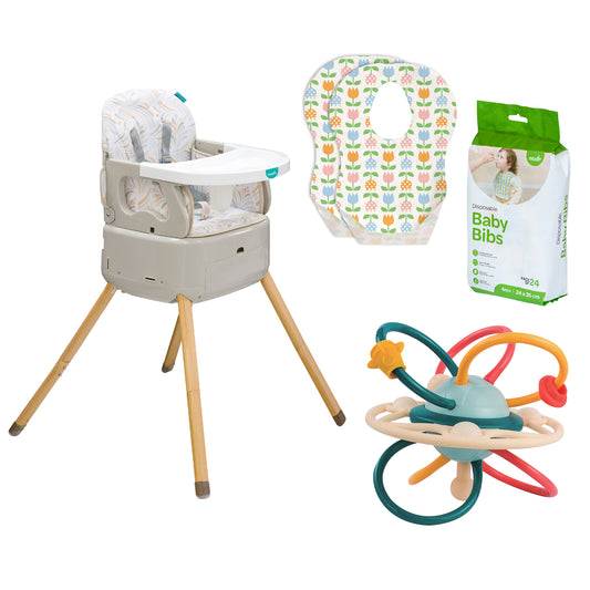 MOON HiteRite 4-in-1 Convertible Baby Highchair (Beige) / MOON Disposable Baby Bibs - Flowers (24 x 35 cm) / MOON Baby Teether Rattle-Soft Ball