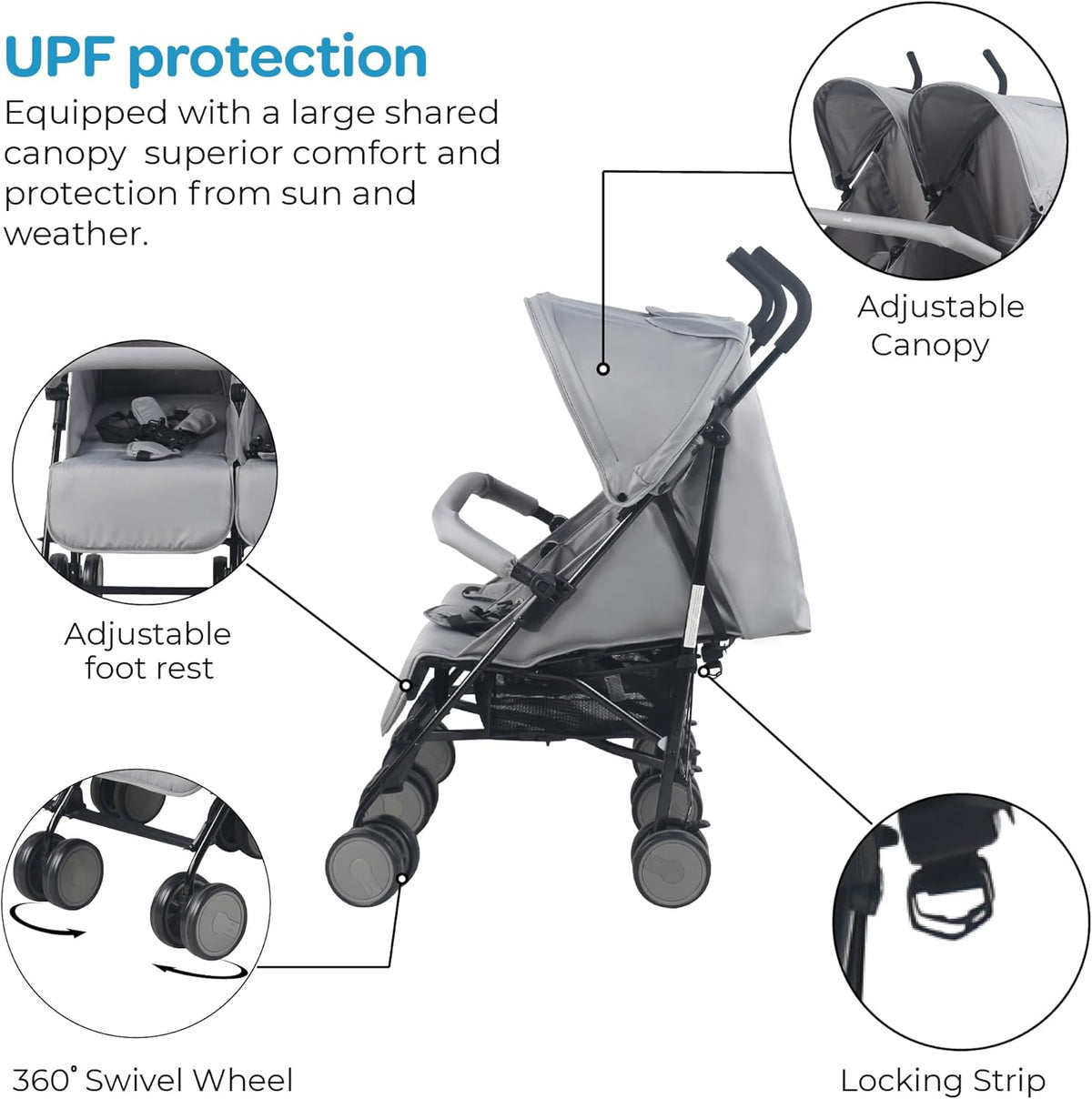 The Moon Brand Twinnzi Double Stroller for Twins & Siblings – Side by Side Duo Tandem Pram for Infant & Toddler (0-3 Years), Lightweight, UV Canopy, Adjustable Recline Seats-Upto 15kg per Seat-Grey - The Moon Brand™