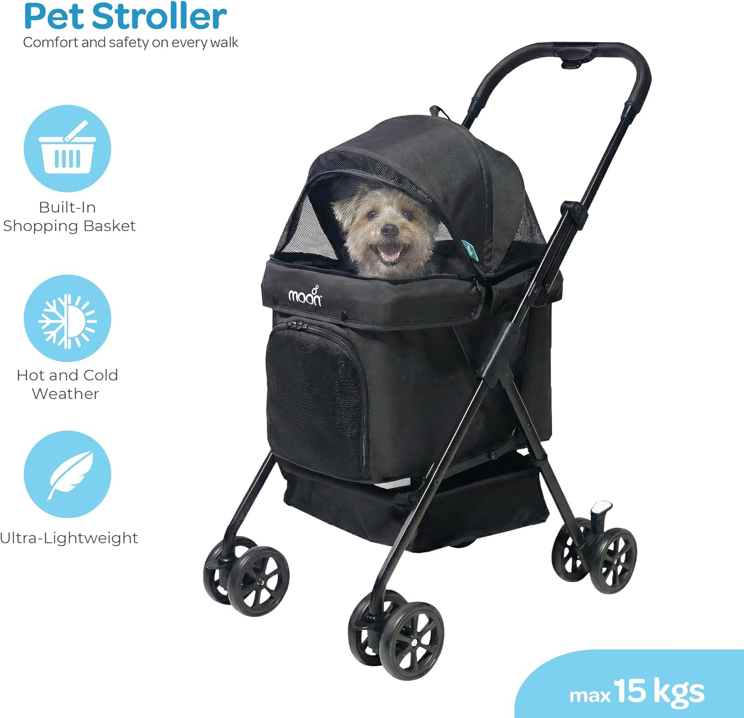 The Moon Brand PawPerch Pet Stroller for Small Dogs & Cats, Lightweight Foldable | Storage Basket & Waterproof Pad-Black - The Moon Brand™
