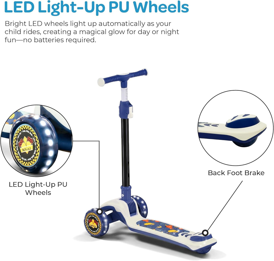 The MOON Brand Whizz Foldable 3-Wheel Kids Scooter– Adjustable Handlebar Lean-to-Steer LED Light-Up Wheels Toddler Scooter for Boys & Girls for Ages 3 Years+ -Dinosaur Design -White