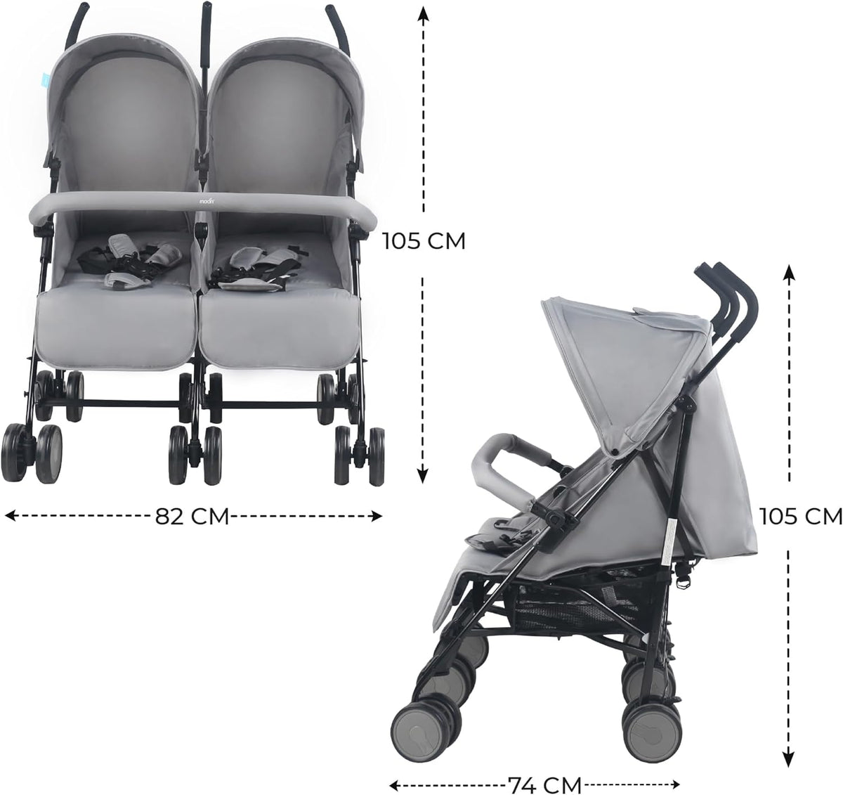 The Moon Brand Twinnzi Double Stroller for Twins & Siblings – Side by Side Duo Tandem Pram for Infant & Toddler (0-3 Years), Lightweight, UV Canopy, Adjustable Recline Seats-Upto 15kg per Seat-Grey - The Moon Brand™