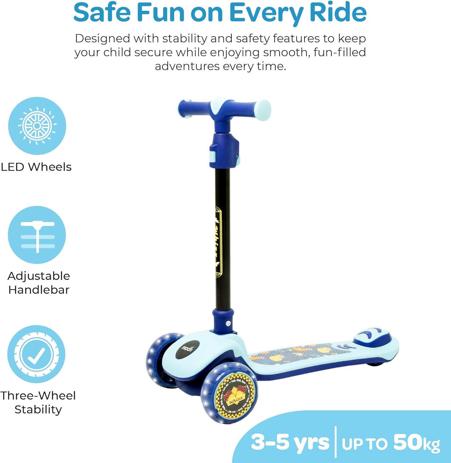 The MOON Brand Whizz Foldable 3-Wheel Kids Scooter– Adjustable Handlebar Lean-to-Steer LED Light-Up Wheels Toddler Scooter for Boys & Girls for Ages 3 Years+ -Dinosaur Design -Blue - The Moon Brand™