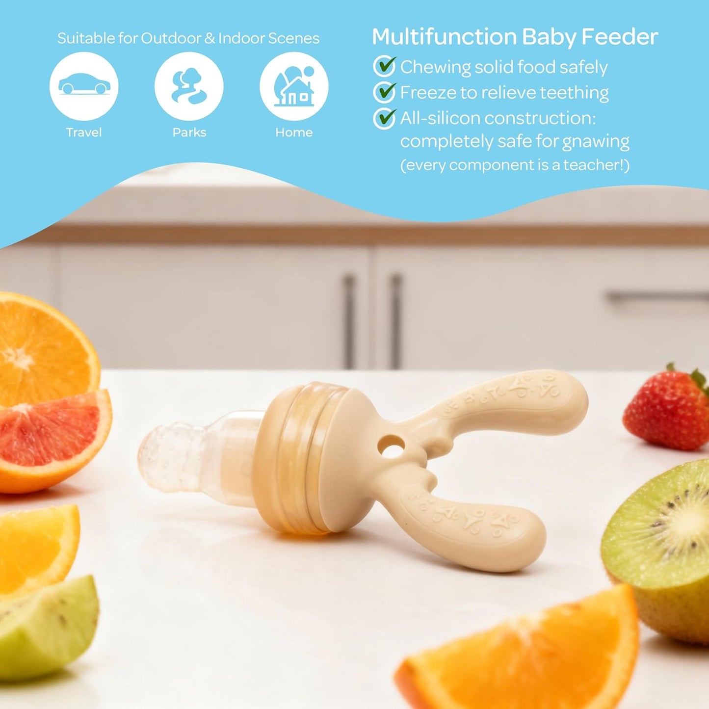 The Moon Brand Baby Fruit Feeder Teether | Silicone Pacifier for Infants & Toddlers | BPA-Free Snack Holder,Chewing Trainer, Kids Safe Gum Soother, Food Pulper with Soft Pouch- Beige