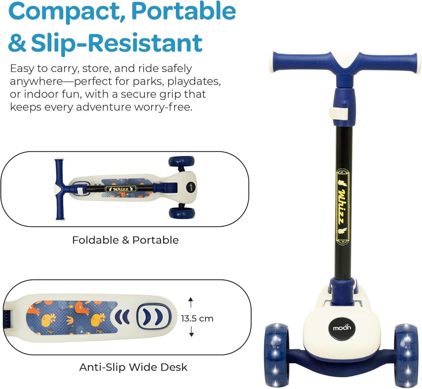 The MOON Brand Whizz Foldable 3-Wheel Kids Scooter– Adjustable Handlebar Lean-to-Steer LED Light-Up Wheels Toddler Scooter for Boys & Girls for Ages 3 Years+ -Dinosaur Design -White