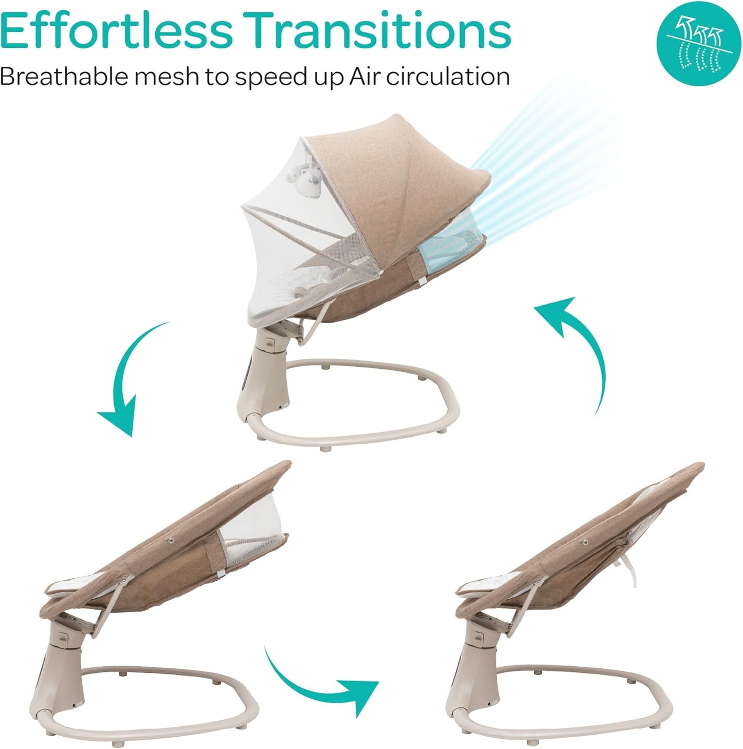 The Moon Brand Koze Baby Swing. 0m+, Holds upto 9kg. Gentle Swaying Motion. In Built Music System. Flexible Speed and Timer Settings. With Remote Control and Mosquito Net. Motion Sensor-Beige