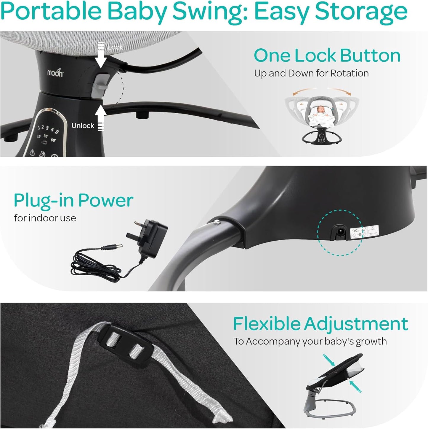 The Moon Brand Koze Baby Swing. 0m+, Holds upto 9kg. Gentle Swaying Motion. In Built Music System. Flexible Speed and Timer Settings. With Remote Control and Mosquito Net. Motion Sensor-Beige