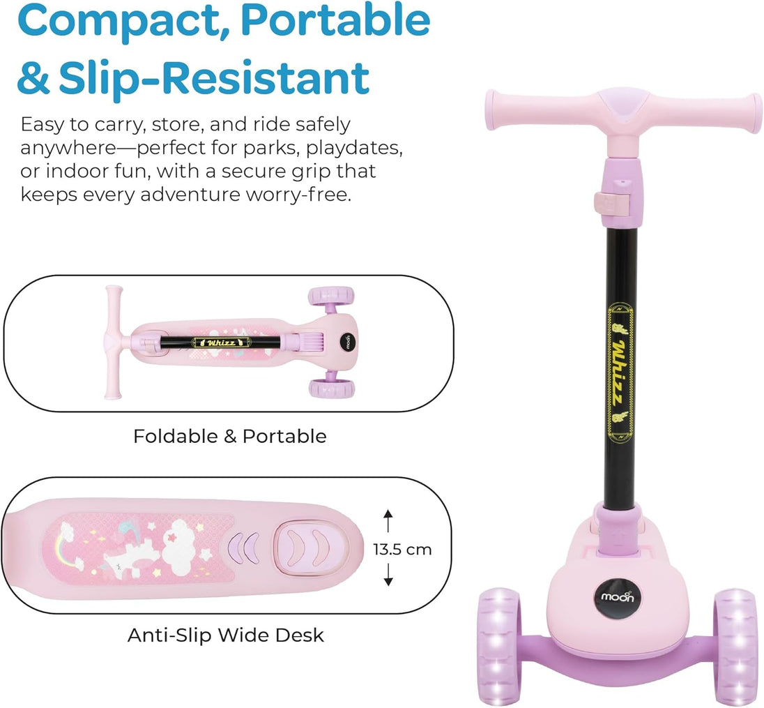 The MOON Brand Whizz Foldable 3-Wheel Kids Scooter– Adjustable Handlebar Lean-to-Steer LED Light-Up Wheels Toddler Scooter for Boys & Girls for Ages 3 Years+ -Little Pony -Pink