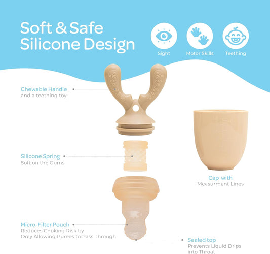 The Moon Brand Baby Fruit Feeder Teether | Silicone Pacifier for Infants & Toddlers | BPA-Free Snack Holder,Chewing Trainer, Kids Safe Gum Soother, Food Pulper with Soft Pouch- Beige