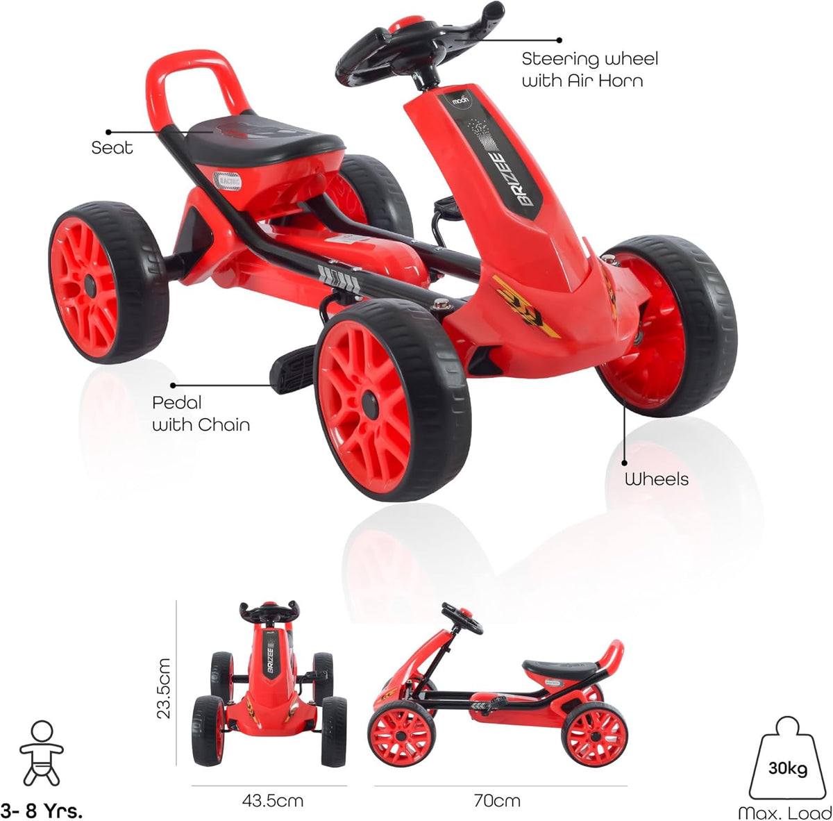 The Moon Brand Brizee Go Kart.Suitable For 3 To 8 Years. Holds Upto 30 Kgs. Adjustable And Comfortable Seat.4 Sturdy Wheels.Cart.Utmost Comfort And Safety- Red and black - The Moon Brand™