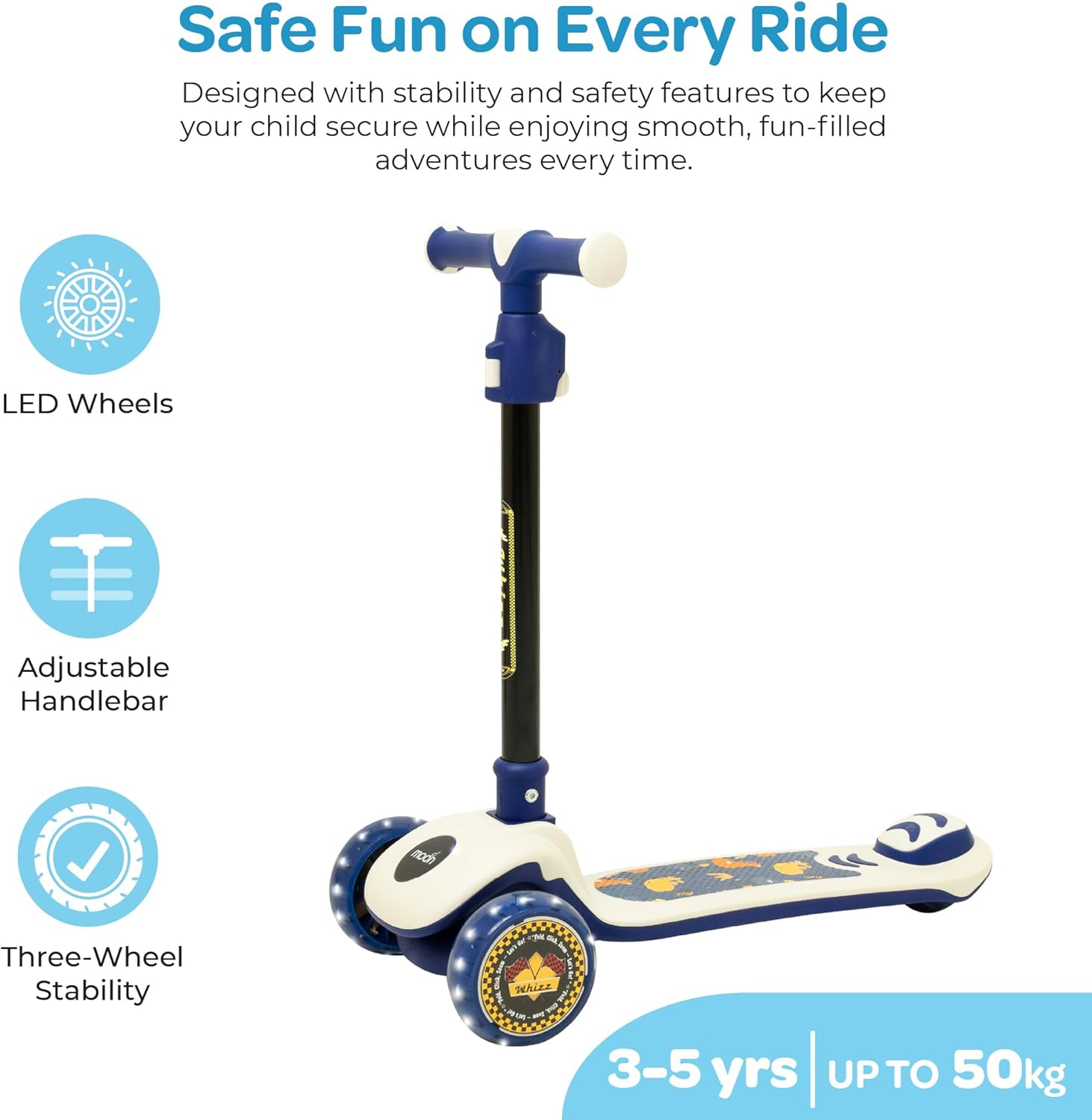 The MOON Brand Whizz Foldable 3-Wheel Kids Scooter– Adjustable Handlebar Lean-to-Steer LED Light-Up Wheels Toddler Scooter for Boys & Girls for Ages 3 Years+ -Dinosaur Design -White - The Moon Brand™