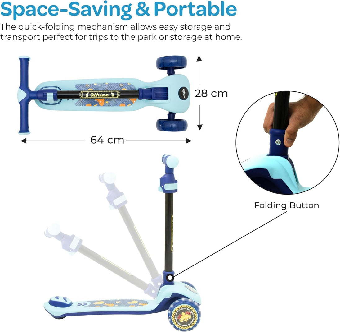 The MOON Brand Whizz Foldable 3-Wheel Kids Scooter– Adjustable Handlebar Lean-to-Steer LED Light-Up Wheels Toddler Scooter for Boys & Girls for Ages 3 Years+ -Dinosaur Design -Blue