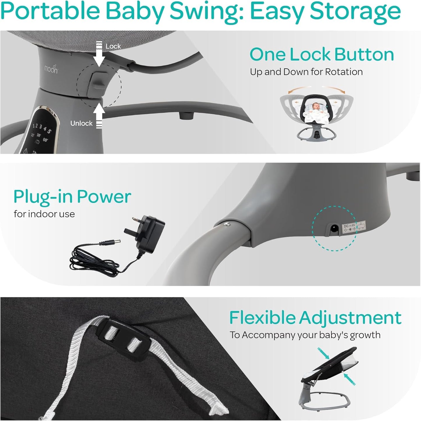 The Moon Brand Koze Baby Swing. 0m+, Holds upto 9kg. Gentle Swaying Motion. In Built Music System. Flexible Speed and Timer Settings. With Remote Control and Mosquito Net. Motion Sensor-Beige