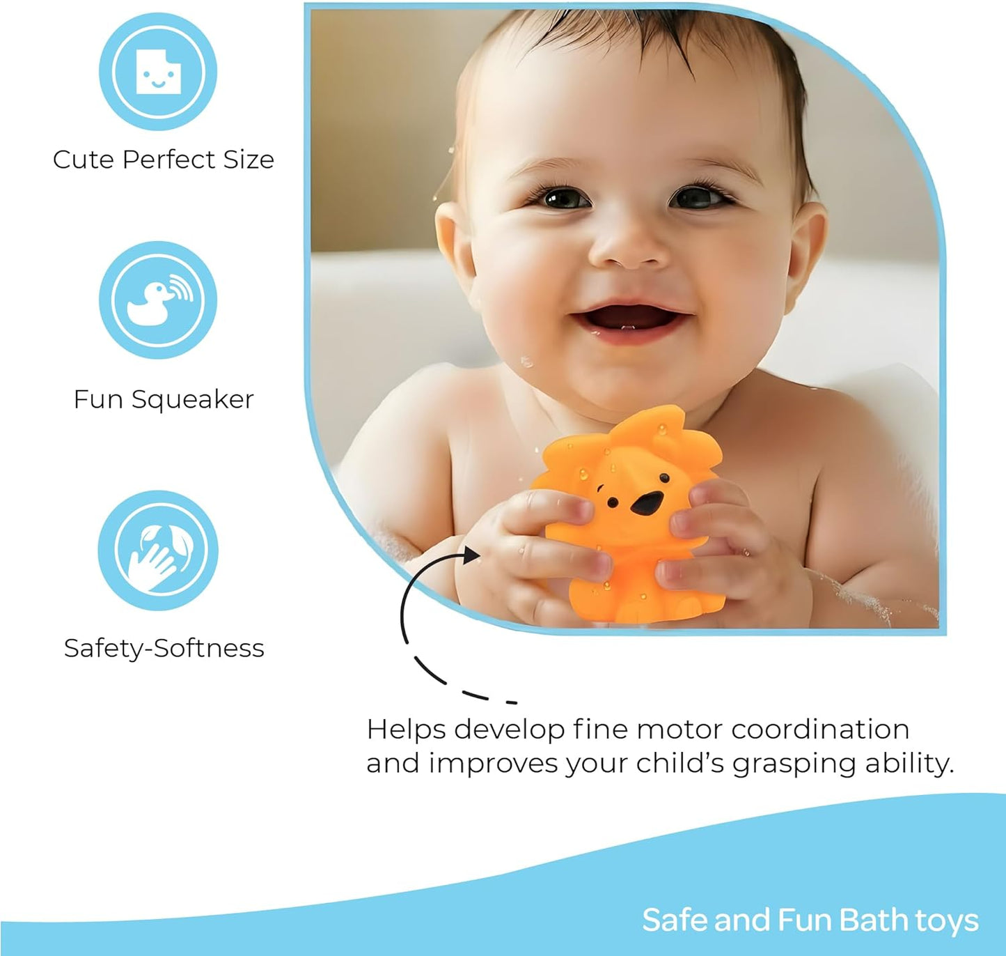 The Moon Brand Splash and Play Baby Bath Toys with Squeaker for Toddlers |Safe & Non-Toxic Bath Time Fun for Babies 6M+ | Soft Squeeze Sound Toys for Baby Learning & Entertainment-Pack of 8