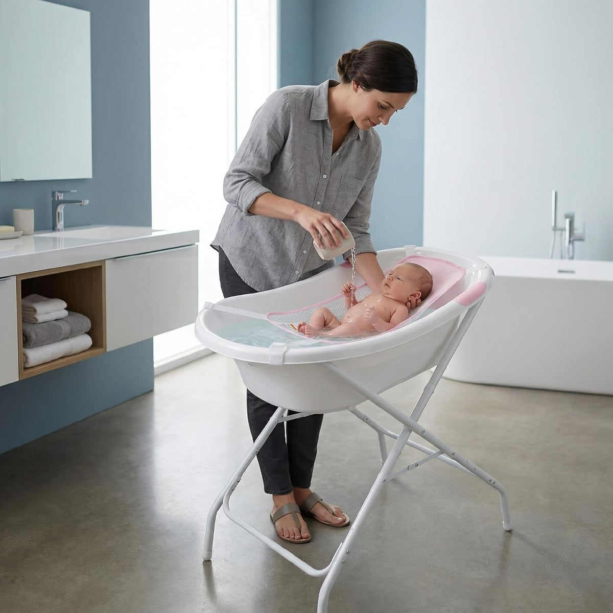 The MOON Brand Baby Bathtub Stand – Foldable & Stable Support Frame | Adjustable Stand for 0‑3 Years Safe,Comfortable Spac -Saving Stand for Easy Bathing- White - The Moon Brand™