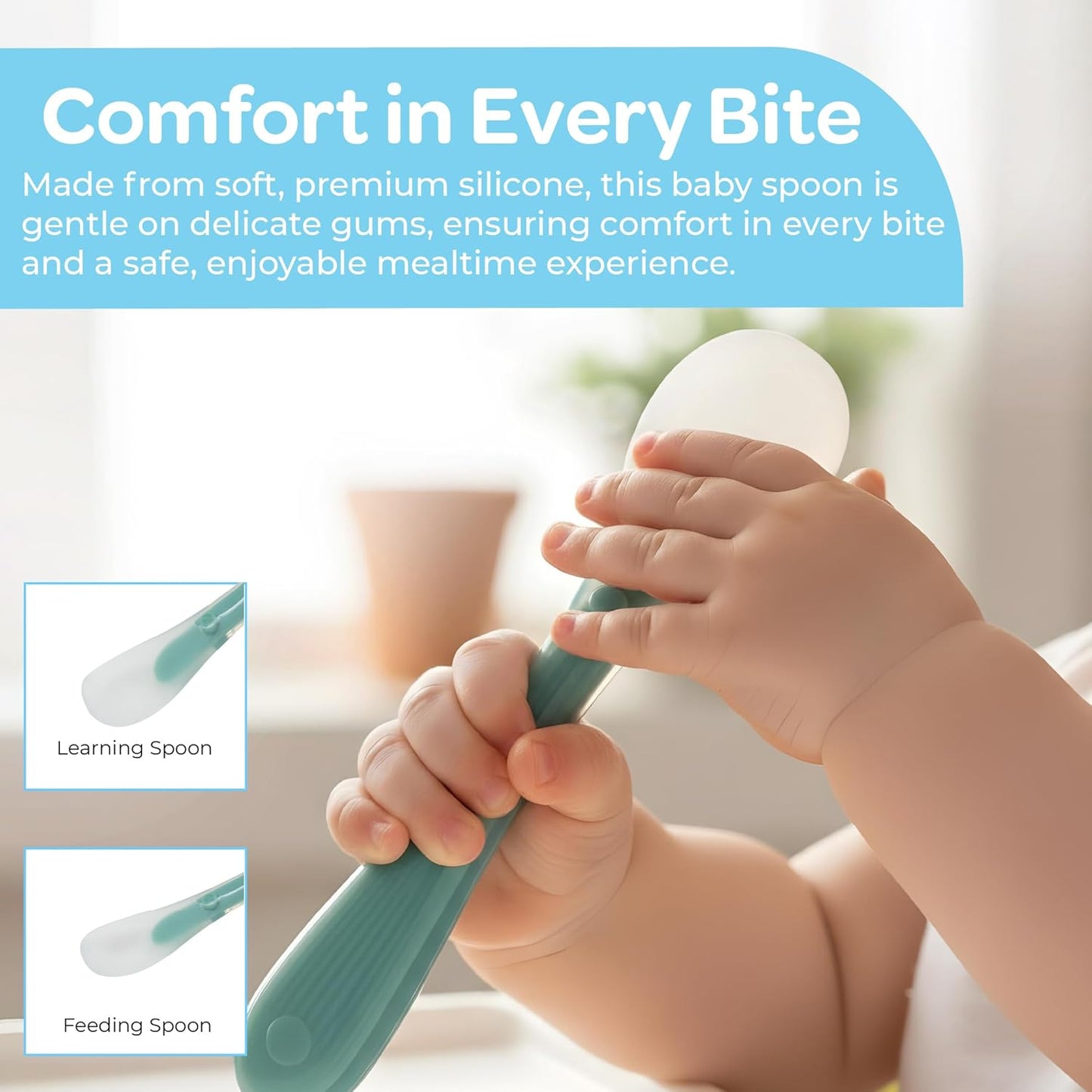 The Moon Brand Baby Silicone feeding Spoon Set – Baby Led Weaning- First Stage -Soft Gum-Friendly, BPA Free, Eco-Friendly, Dishwasher Safe, with Travel Case – Pack of 2-Blue