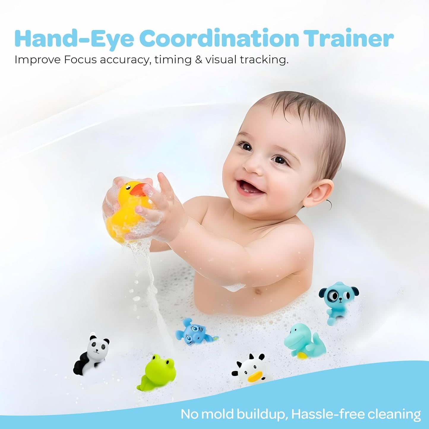 The Moon Brand Splash and Play Baby Bath Toys with Squeaker for Toddlers| Safe & Non-Toxic Bath Time Fun for Babies 6M+ | Soft Squeeze Sound Toys for Baby Learning & Entertainment-Pack of 7