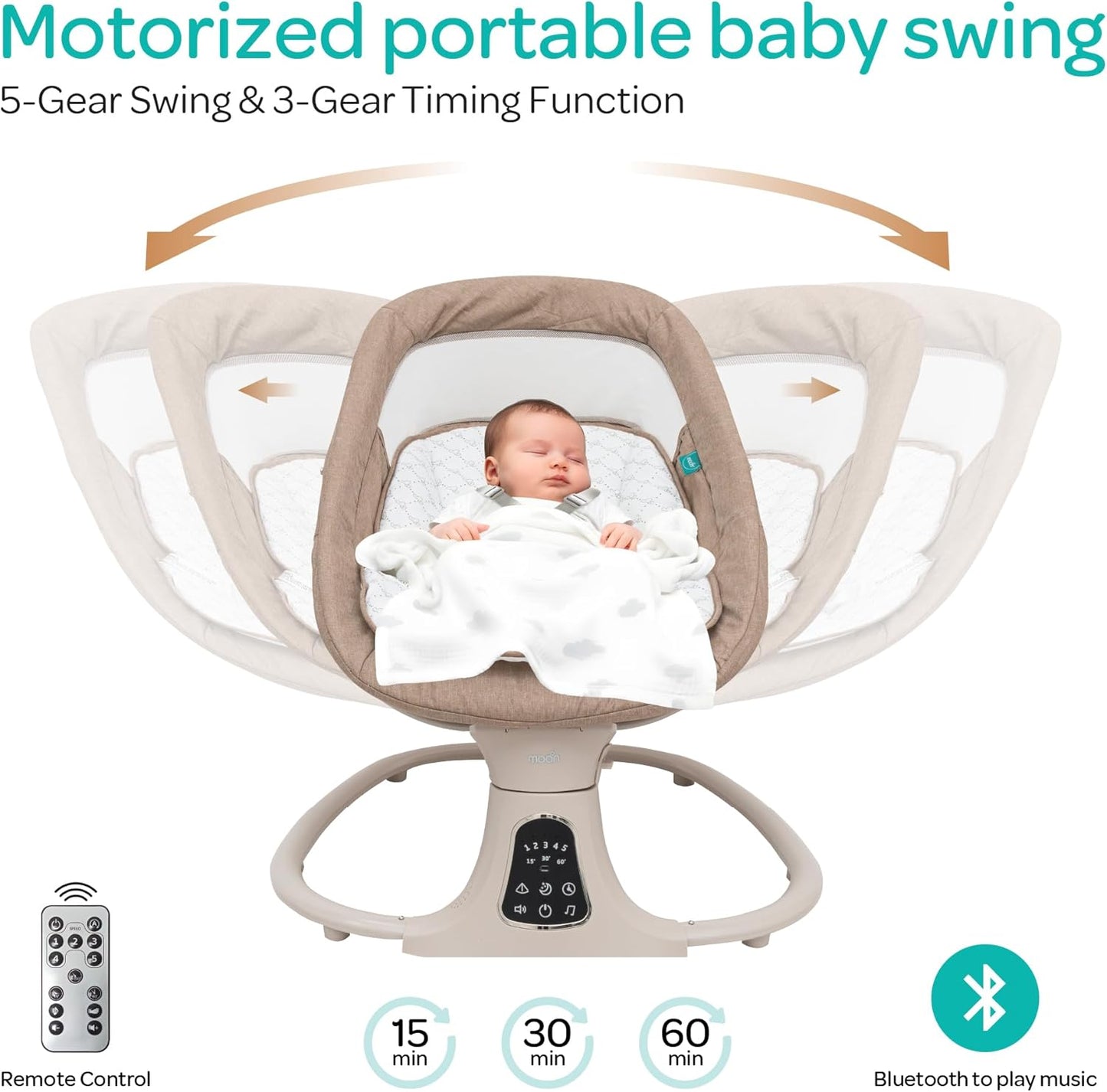 The Moon Brand Koze Baby Swing. 0m+, Holds upto 9kg. Gentle Swaying Motion. In Built Music System. Flexible Speed and Timer Settings. With Remote Control and Mosquito Net. Motion Sensor-Beige