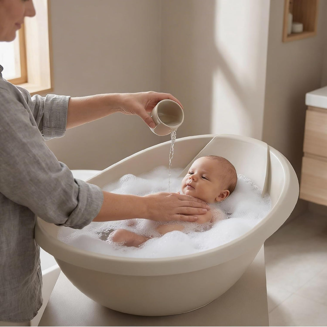 The MOON Brand Baby Bathtub| PP + TPR Infant Bath Tub for 0–3 Years | Lightweight Non-Slip Toddler Bath Tub | Durable & Comfortable Baby Shower -Beige.