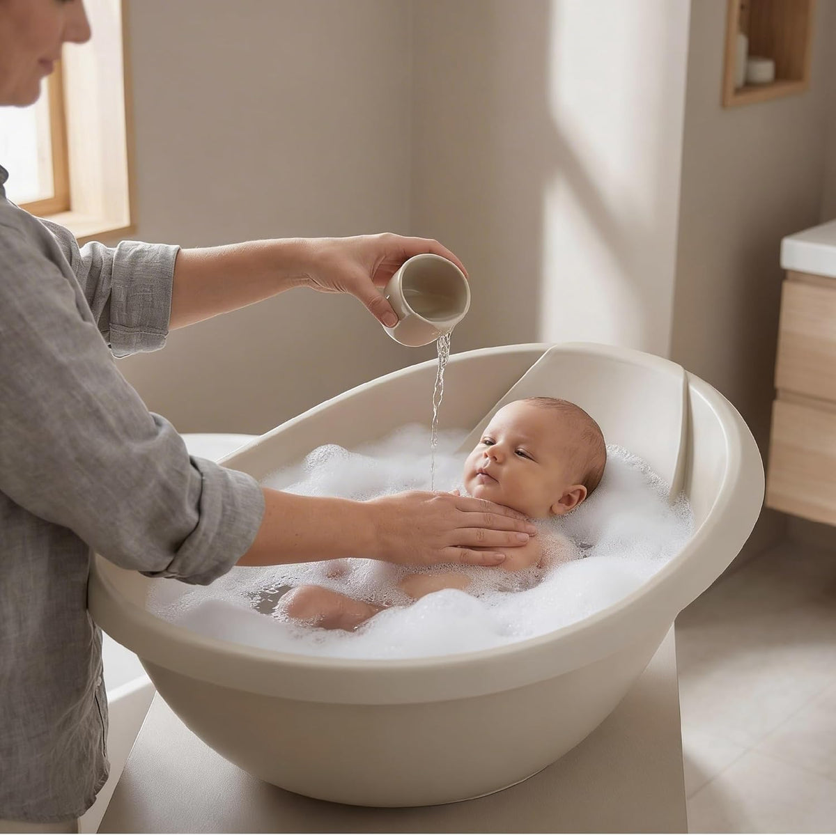 The MOON Brand Baby Bathtub| PP + TPR Infant Bath Tub for 0–3 Years | Lightweight Non-Slip Toddler Bath Tub | Durable & Comfortable Baby Shower -Beige. - The Moon Brand™