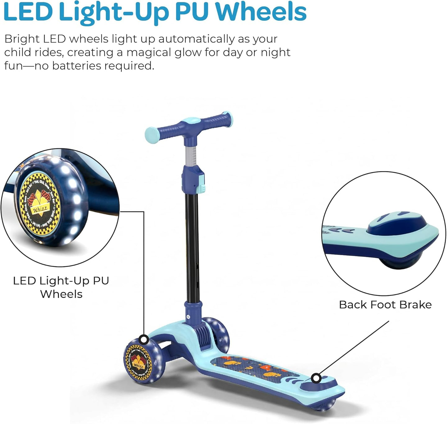The MOON Brand Whizz Foldable 3-Wheel Kids Scooter– Adjustable Handlebar Lean-to-Steer LED Light-Up Wheels Toddler Scooter for Boys & Girls for Ages 3 Years+ -Dinosaur Design -Blue