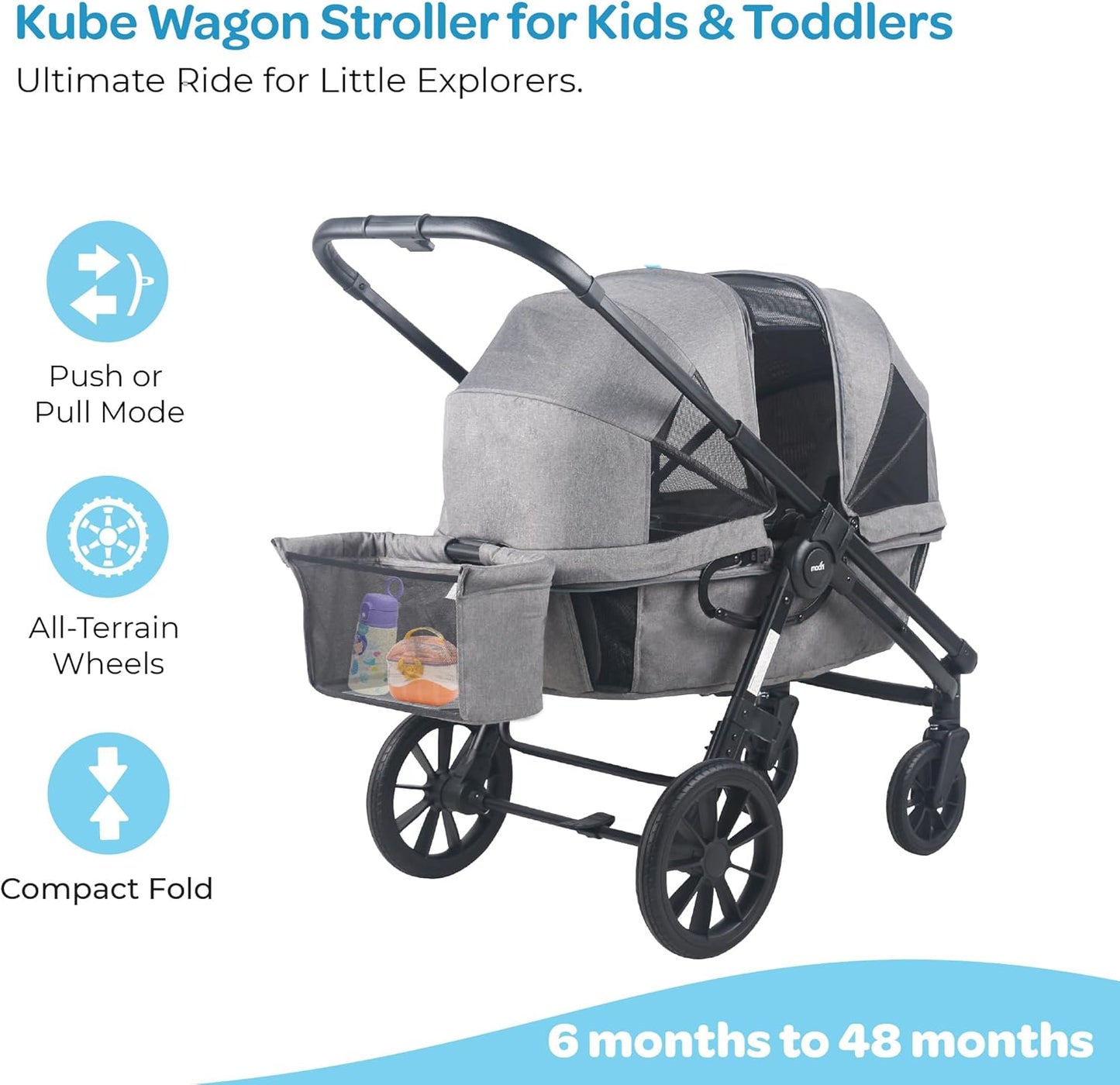 The Moon Brand Kube Wagon Stroller for Kids & Toddlers, Push & Pull Convertible Wagon All-Terrain Wheels, UPF 50+ Canopy, BPA-Free Snack Tray, Compact Fold, Storage, 6M–4Y, 24kgs/Seat-Black