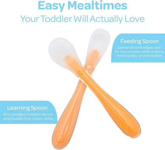 The Moon Brand Baby Silicone feeding Spoon Set – Baby Led Weaning- First Stage -Soft Gum-Friendly, BPA Free, Eco-Friendly, Dishwasher Safe, with Travel Case – Pack of 2-Orange