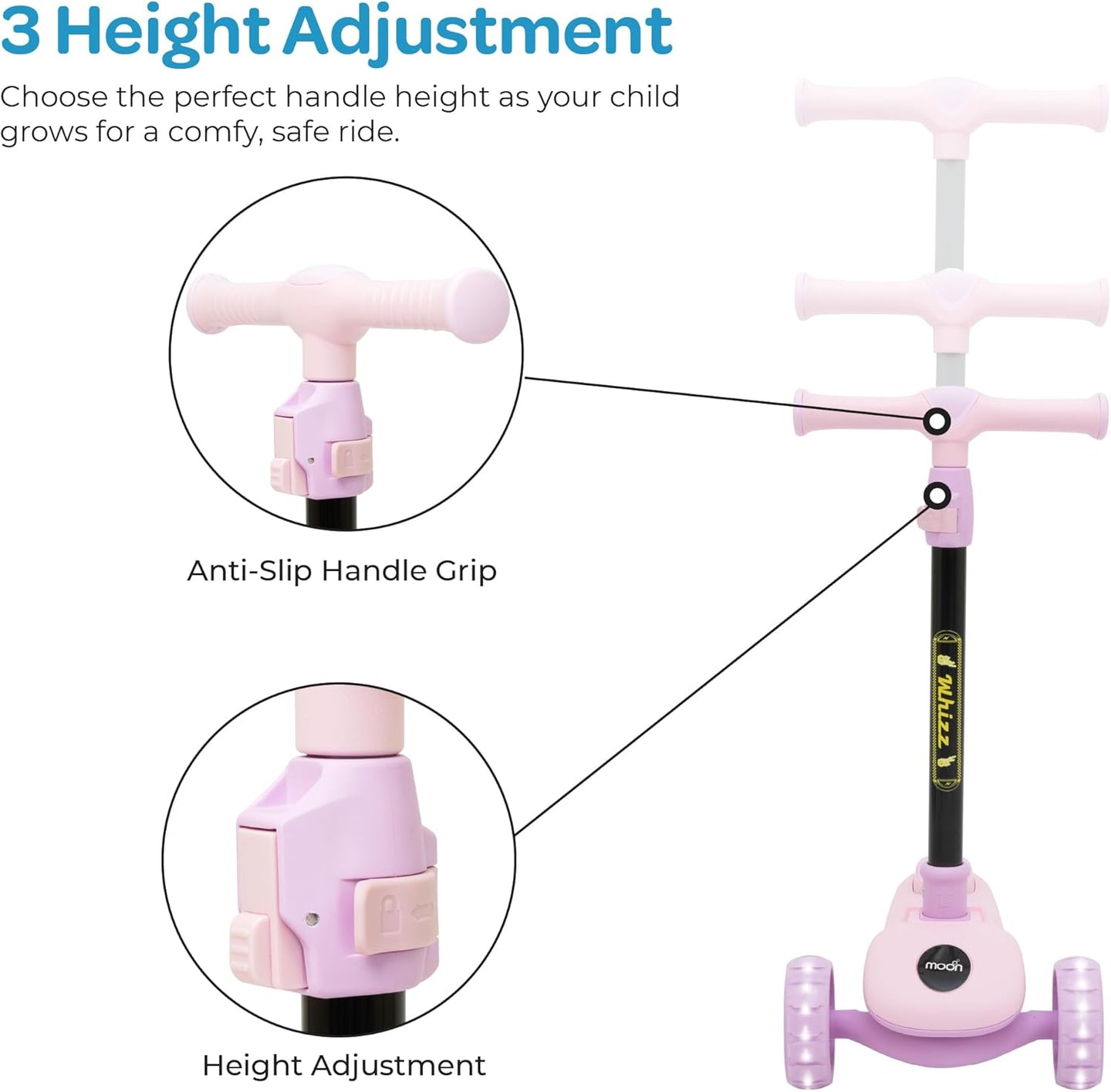 The MOON Brand Whizz Foldable 3-Wheel Kids Scooter– Adjustable Handlebar Lean-to-Steer LED Light-Up Wheels Toddler Scooter for Boys & Girls for Ages 3 Years+ -Little Pony -Pink