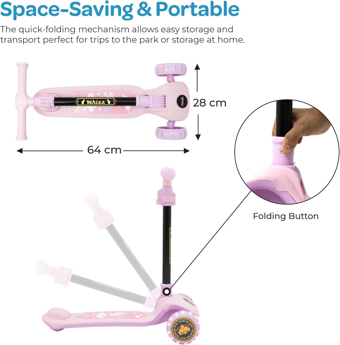 The MOON Brand Whizz Foldable 3-Wheel Kids Scooter– Adjustable Handlebar Lean-to-Steer LED Light-Up Wheels Toddler Scooter for Boys & Girls for Ages 3 Years+ -Little Pony -Pink
