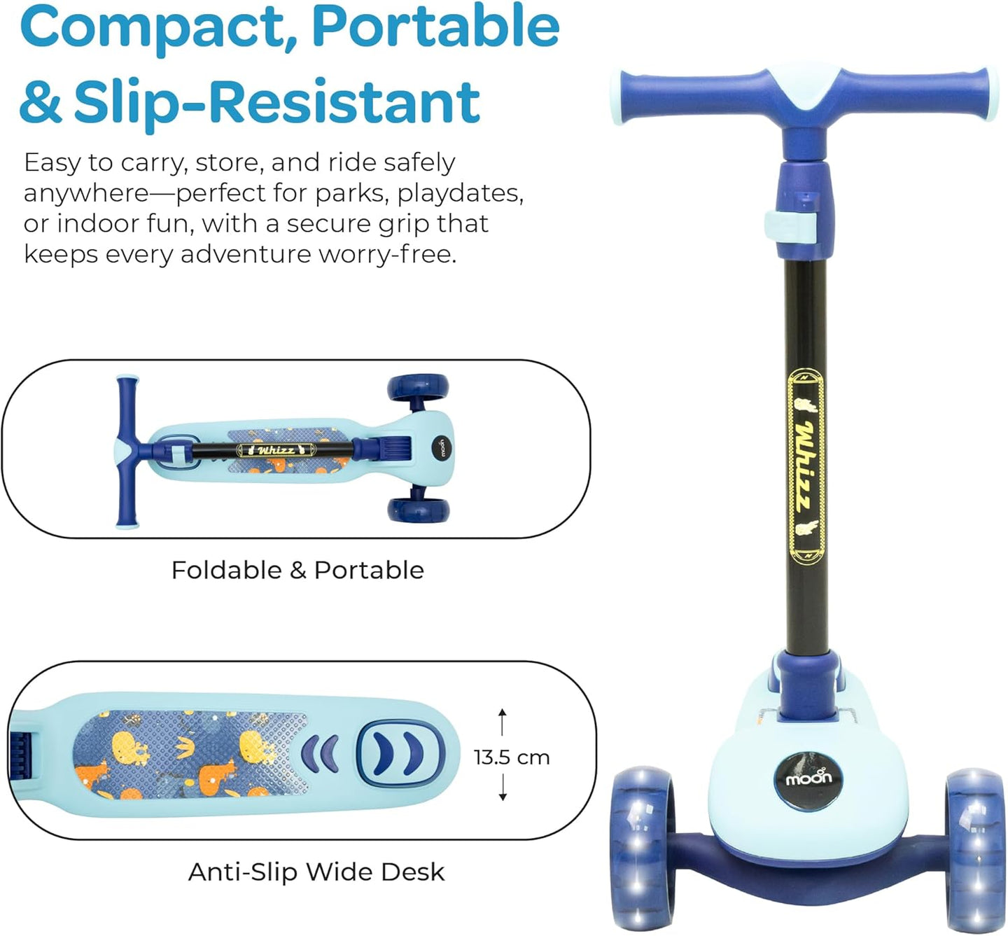 The MOON Brand Whizz Foldable 3-Wheel Kids Scooter– Adjustable Handlebar Lean-to-Steer LED Light-Up Wheels Toddler Scooter for Boys & Girls for Ages 3 Years+ -Dinosaur Design -Blue