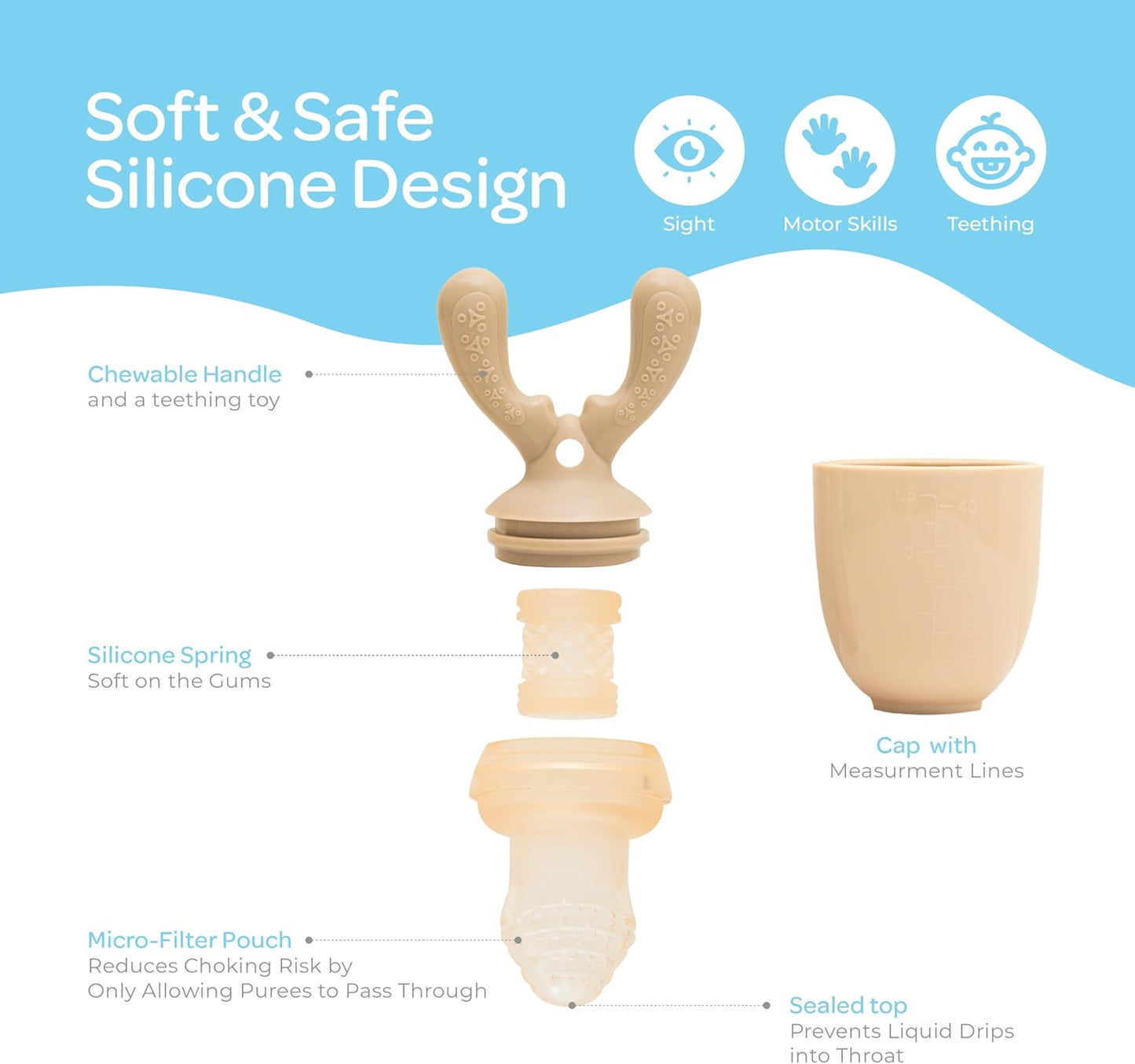 The Moon Brand Baby Fruit Feeder Teether | Silicone Pacifier for Infants & Toddlers | BPA-Free Snack Holder,Chewing Trainer, Kids Safe Gum Soother, Food Pulper with Soft Pouch- Beige