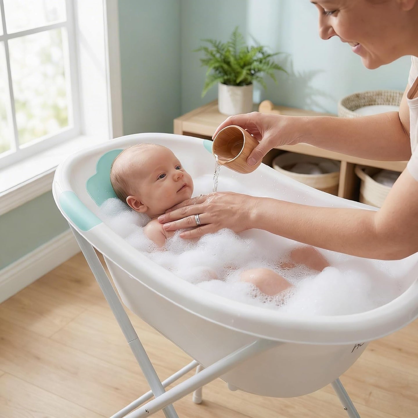 The MOON Brand Baby Bathtub Stand – Foldable & Stable Support Frame | Adjustable Stand for 0‑3 Years Safe,Comfortable Spac -Saving Stand for Easy Bathing- White