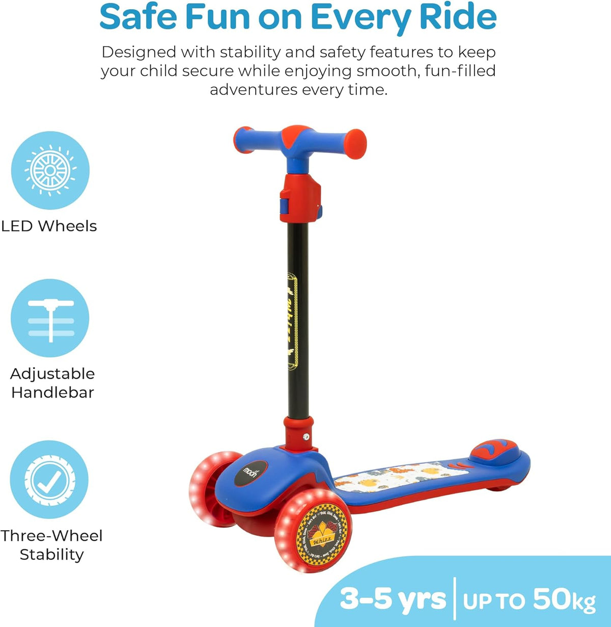 The MOON Brand Whizz Foldable 3-Wheel Kids Scooter– Adjustable Handlebar Lean-to-Steer LED Light-Up Wheels Toddler Scooter for Boys & Girls for Ages 3 Years+ -Dinosaur Design -Red - The Moon Brand™