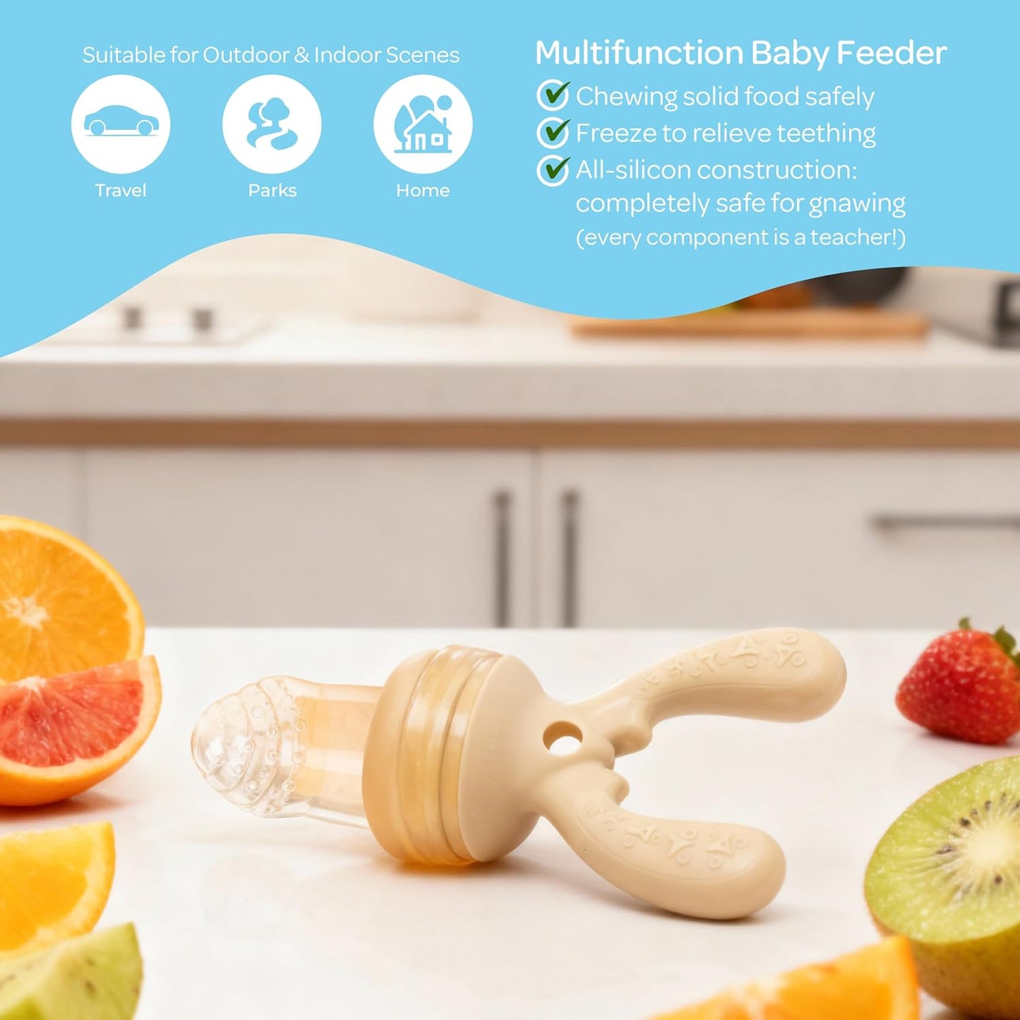 The Moon Brand Baby Fruit Feeder Teether | Silicone Pacifier for Infants & Toddlers | BPA-Free Snack Holder,Chewing Trainer, Kids Safe Gum Soother, Food Pulper with Soft Pouch- Beige