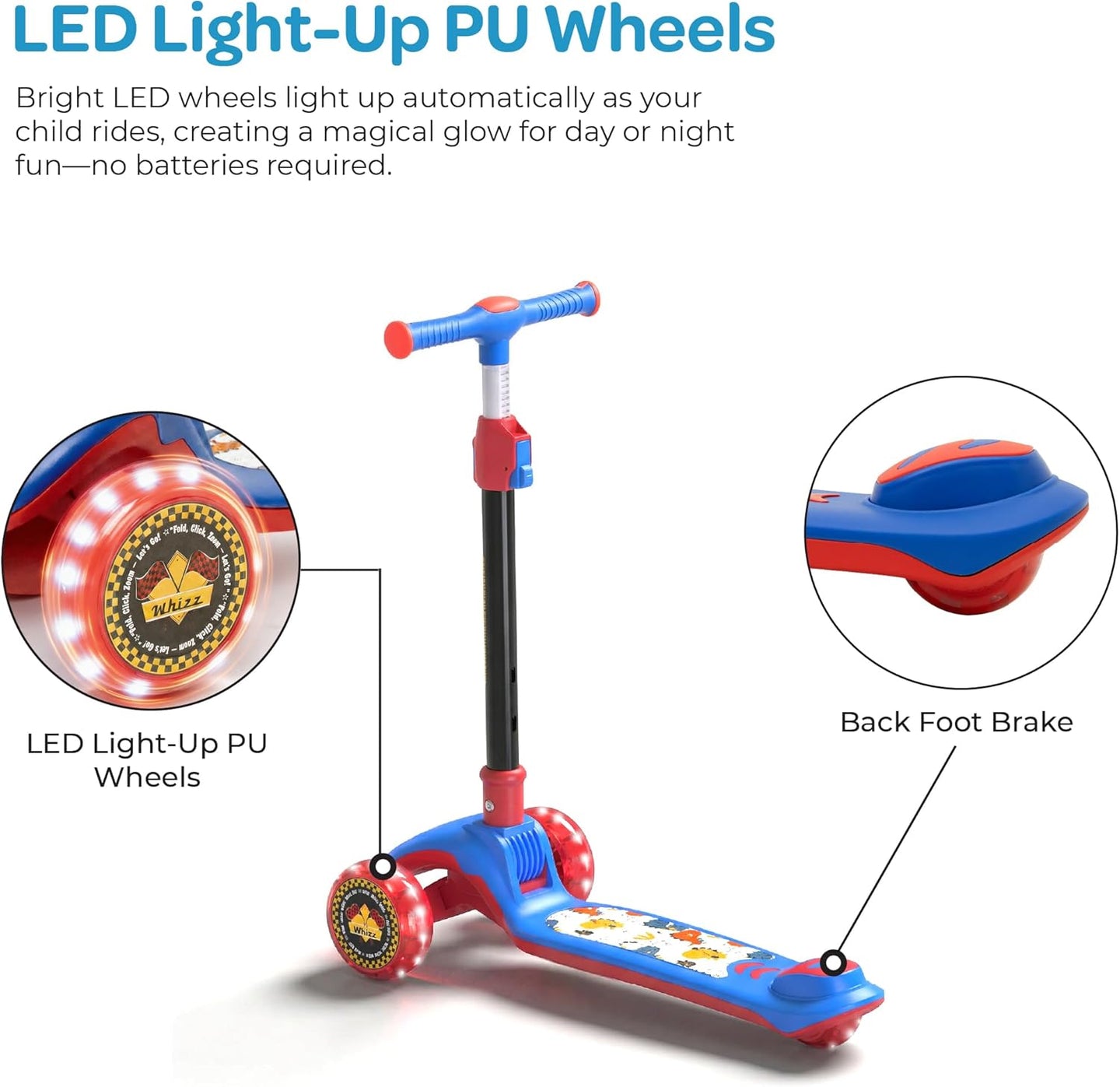 The MOON Brand Whizz Foldable 3-Wheel Kids Scooter– Adjustable Handlebar Lean-to-Steer LED Light-Up Wheels Toddler Scooter for Boys & Girls for Ages 3 Years+ -Dinosaur Design -Red