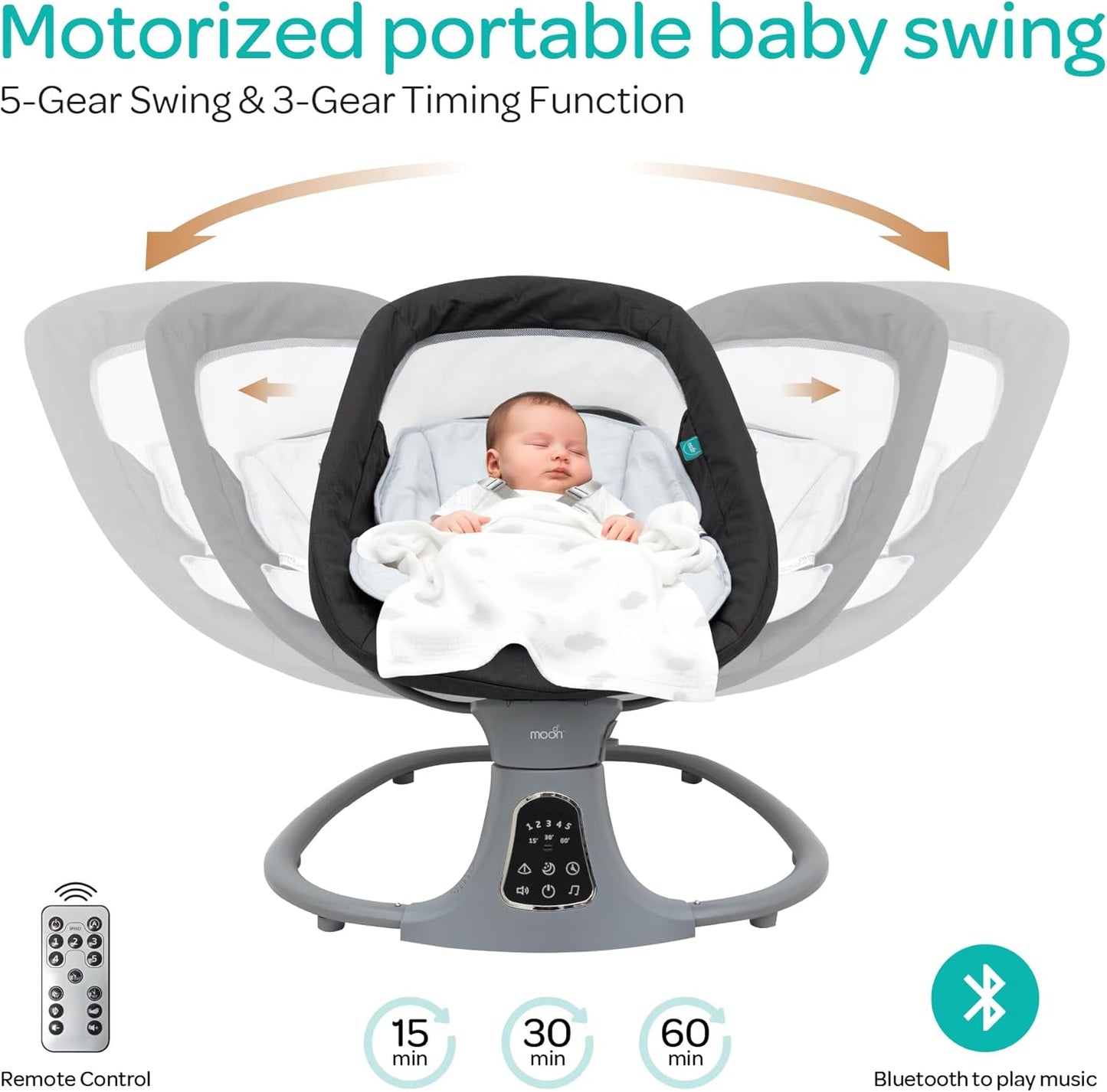 The Moon Brand Koze Baby Swing. 0m+, Holds upto 9kg. Gentle Swaying Motion. In Built Music System. Flexible Speed and Timer Settings. With Remote Control and Mosquito Net. Motion Sensor-Beige