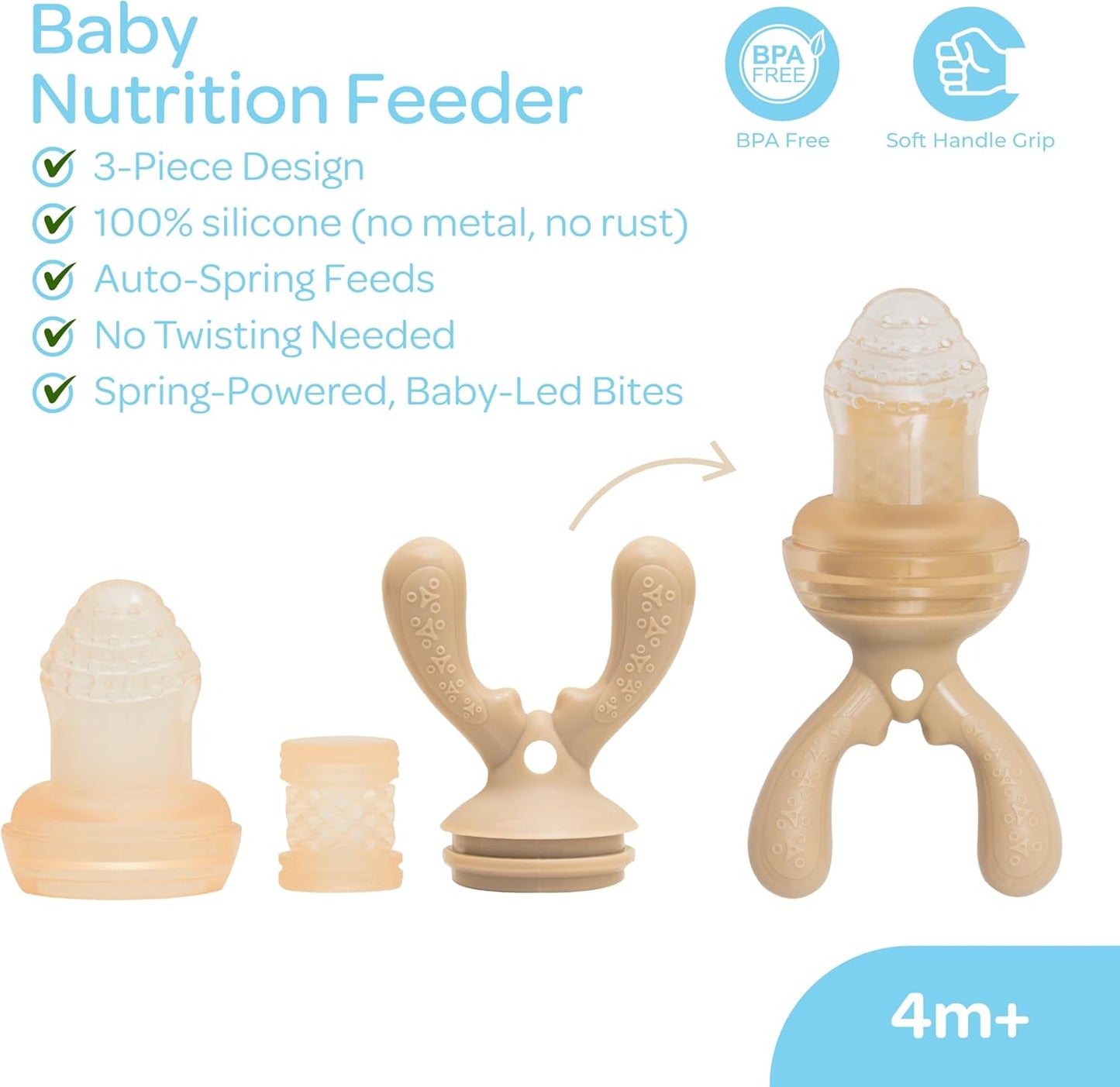 The Moon Brand Baby Fruit Feeder Teether | Silicone Pacifier for Infants & Toddlers | BPA-Free Snack Holder,Chewing Trainer, Kids Safe Gum Soother, Food Pulper with Soft Pouch- Beige