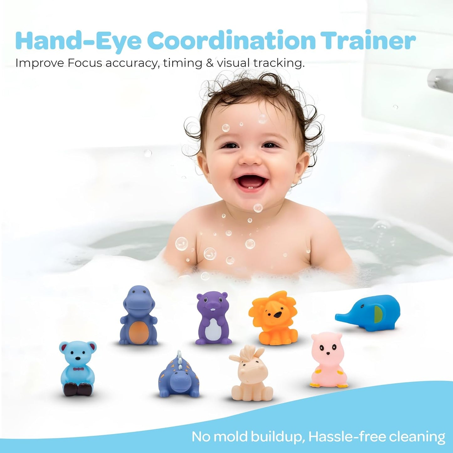 The Moon Brand Splash and Play Baby Bath Toys with Squeaker for Toddlers |Safe & Non-Toxic Bath Time Fun for Babies 6M+ | Soft Squeeze Sound Toys for Baby Learning & Entertainment-Pack of 8