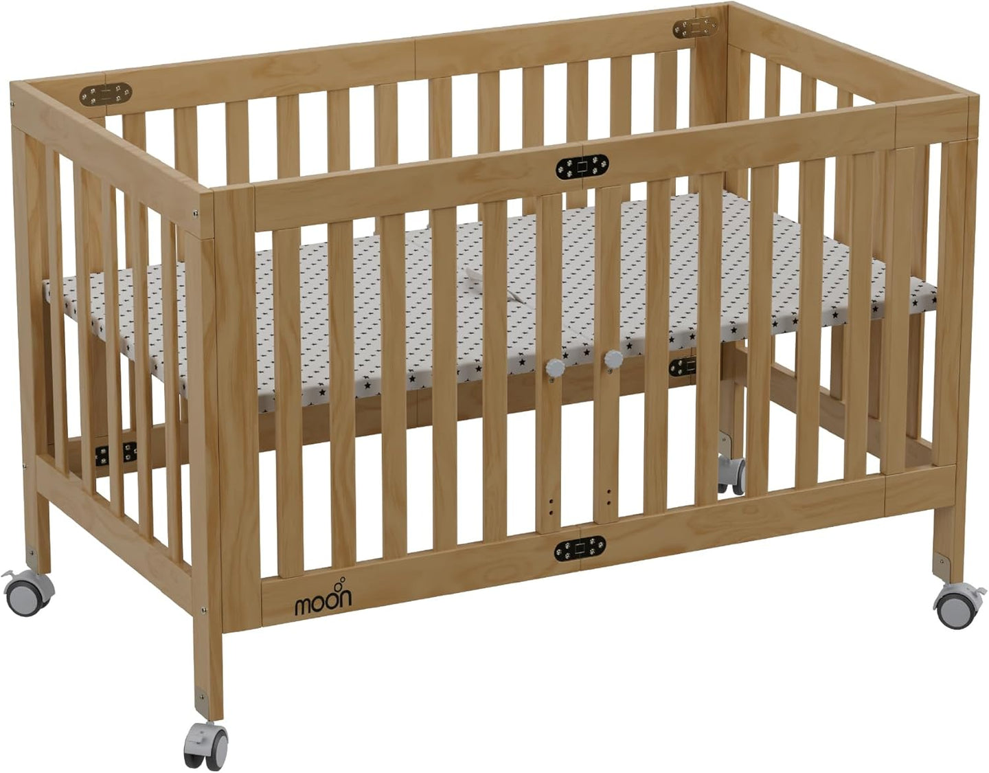 The MOON Brand Snugfold Foldable Baby Crib | 2-Level Height Adjustable | New Zealand Pine Wood | Durable & Decay-Resistant | Up to 50 kg | 0–3 Years | Natural Wood Finish-Natural Wood