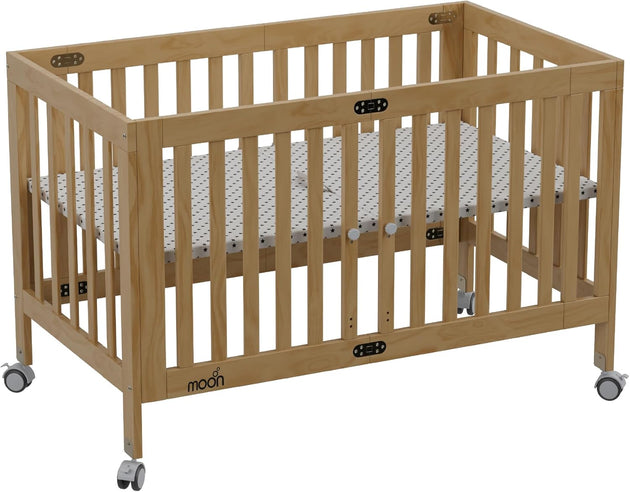 The MOON Brand Snugfold Foldable Baby Crib | 2-Level Height Adjustable | New Zealand Pine Wood | Durable & Decay-Resistant | Up to 50 kg | 0–3 Years | Natural Wood Finish-Natural Wood - The Moon Brand™