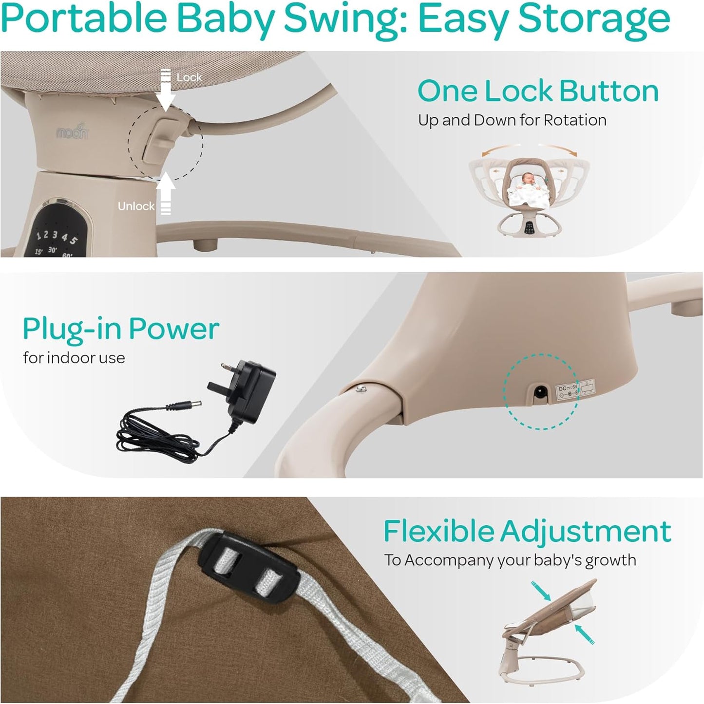 The Moon Brand Koze Baby Swing. 0m+, Holds upto 9kg. Gentle Swaying Motion. In Built Music System. Flexible Speed and Timer Settings. With Remote Control and Mosquito Net. Motion Sensor-Beige