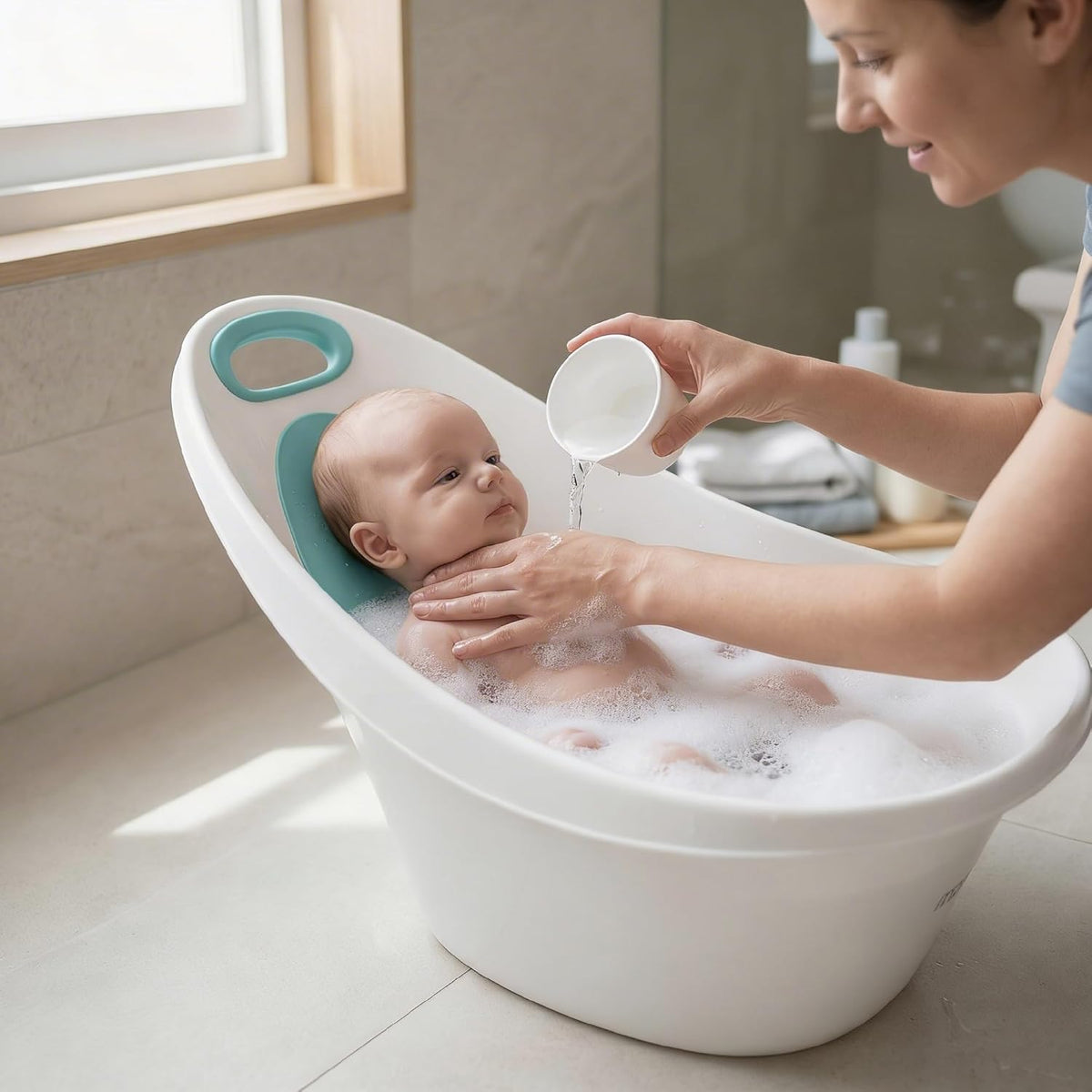 The MOON Brand Cascade Baby Bathtub for 0–3 Years – PP + TPR Infant Bathtub, Lightweight Durable Baby Shower Tub, Non-Slip Safe Design,Easy-Grip Handle - White & Green - The Moon Brand™