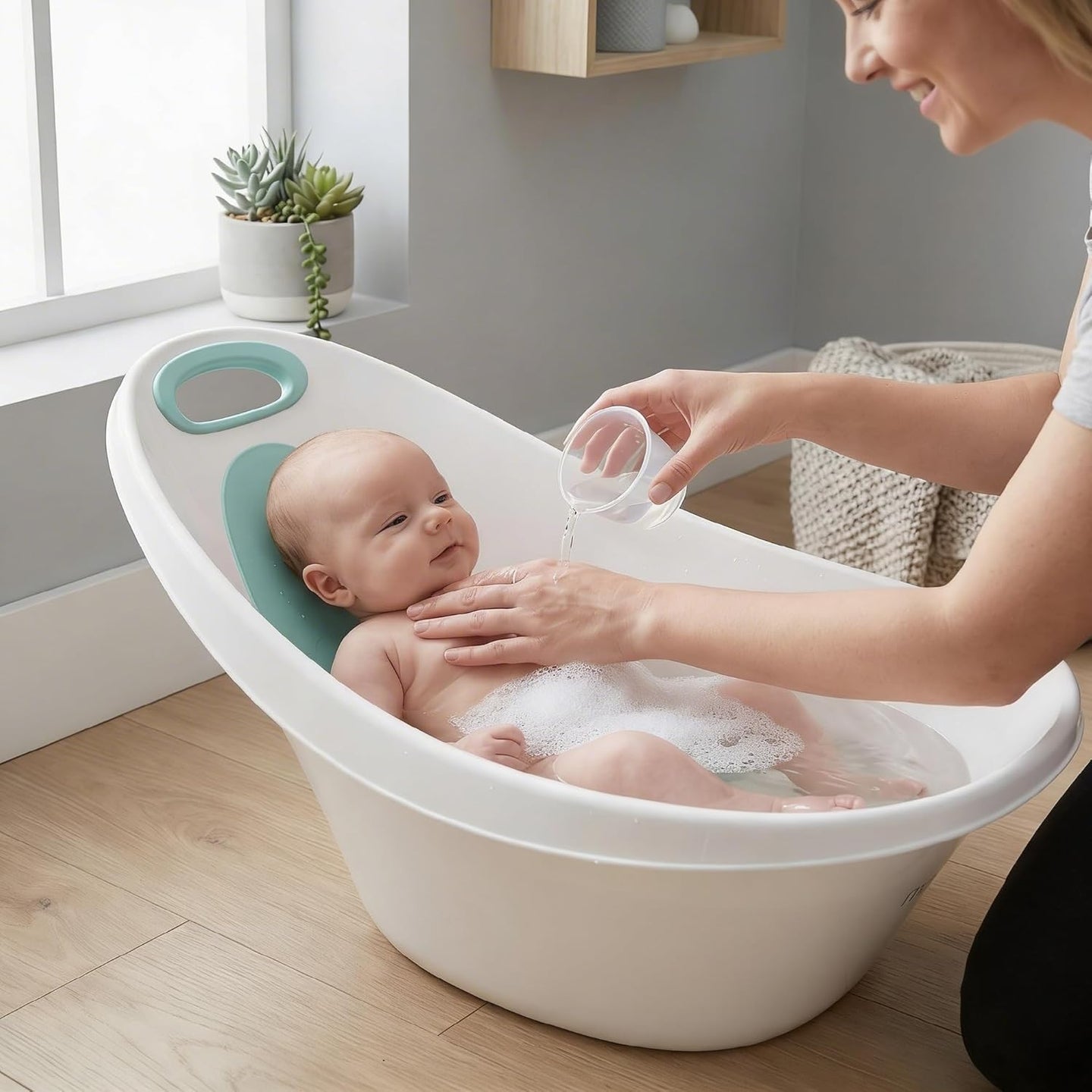 The MOON Brand Cascade Baby Bathtub for 0–3 Years – PP + TPR Infant Bathtub, Lightweight Durable Baby Shower Tub, Non-Slip Safe Design,Easy-Grip Handle - White & Green