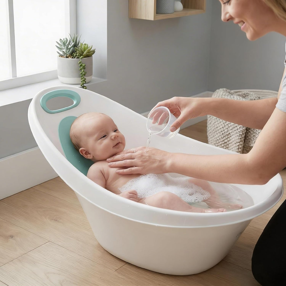The MOON Brand Cascade Baby Bathtub for 0–3 Years – PP + TPR Infant Bathtub, Lightweight Durable Baby Shower Tub, Non-Slip Safe Design,Easy-Grip Handle - White & Green - The Moon Brand™