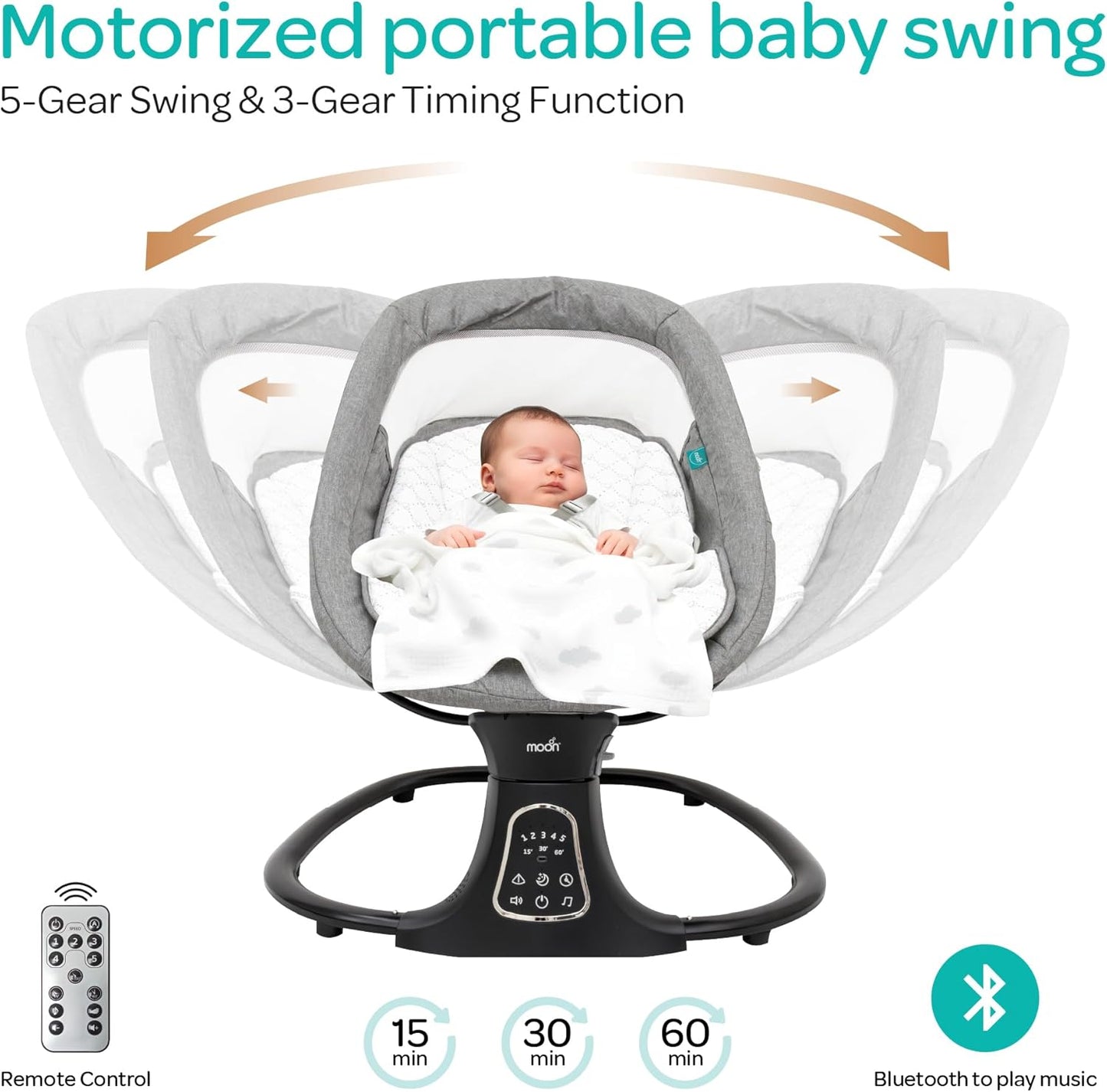 The Moon Brand Koze Baby Swing. 0m+, Holds upto 9kg. Gentle Swaying Motion. In Built Music System. Flexible Speed and Timer Settings. With Remote Control and Mosquito Net. Motion Sensor-Beige